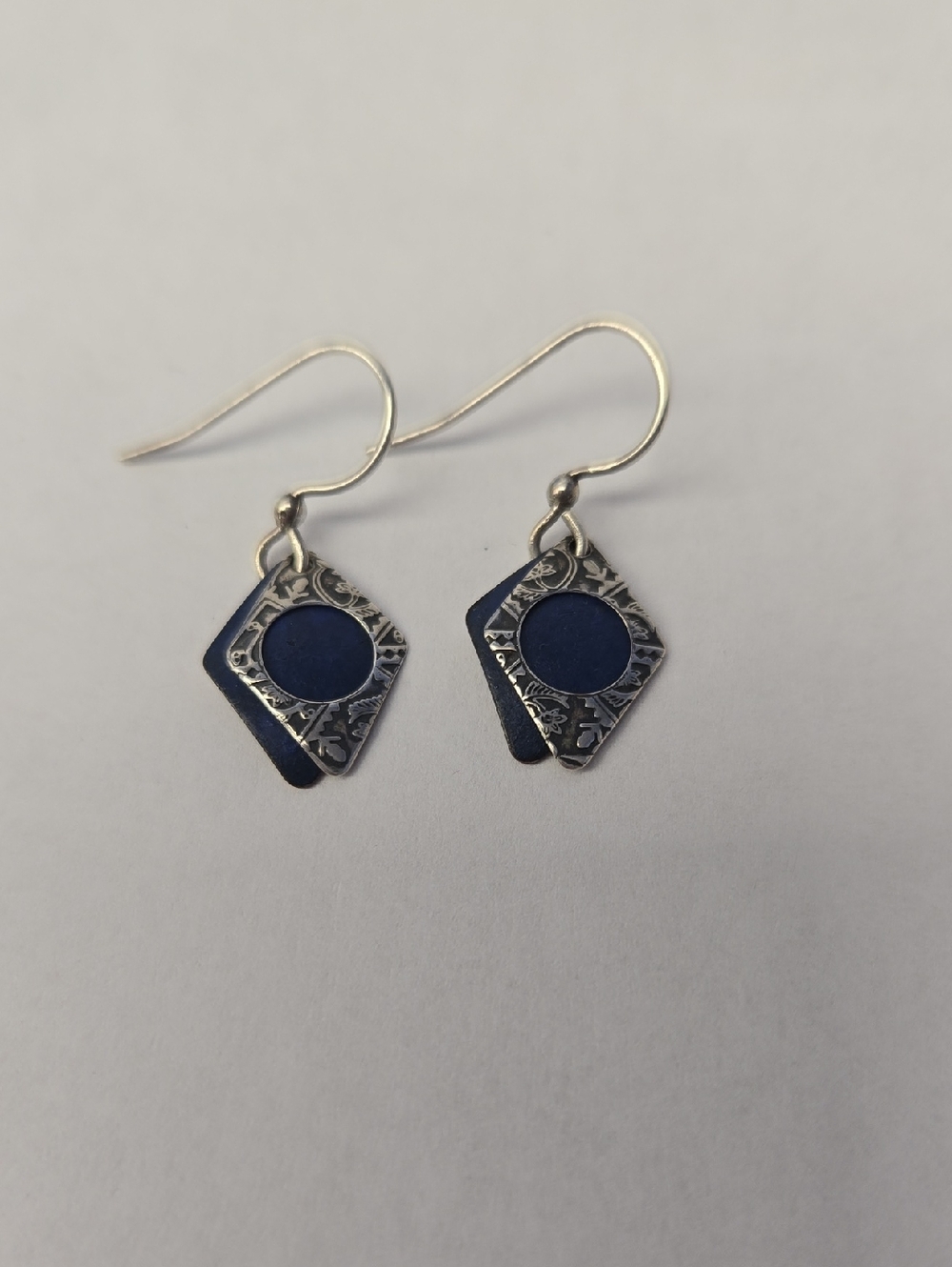 Artisan Made Silver And Navy Drop Earrings with Floral Design